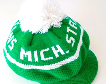 Vintage Michigan State Spartans Knit Cap: Green & White With Pom Pom