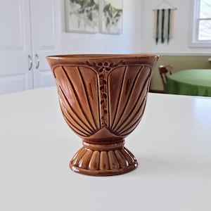 Vintage Brown Glossy Pottery Pedestal Vase, Decorative Vase, Vintage Home Decor, Brown Ceramic Vase, Ribbed Art Deco Floral Design