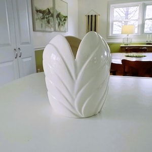 Vintage 80s 90s White Ceramic Asymmetrical Oblong Art Deco Vase, West Point Iowa Pottery