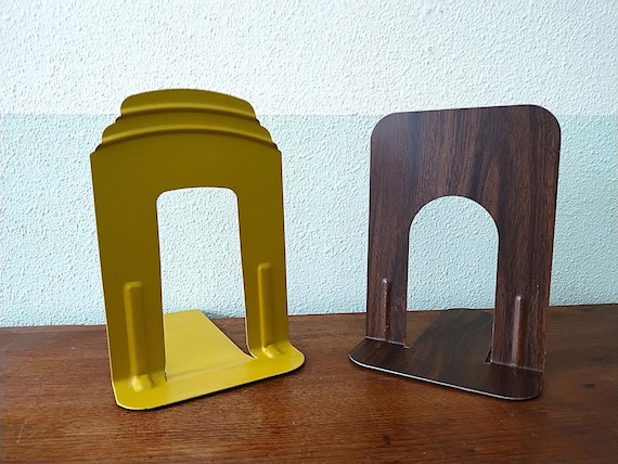 2 Mismatch Metal Bookends, Art Deco Mustard Yellow & Faux Walnut Wood Tone