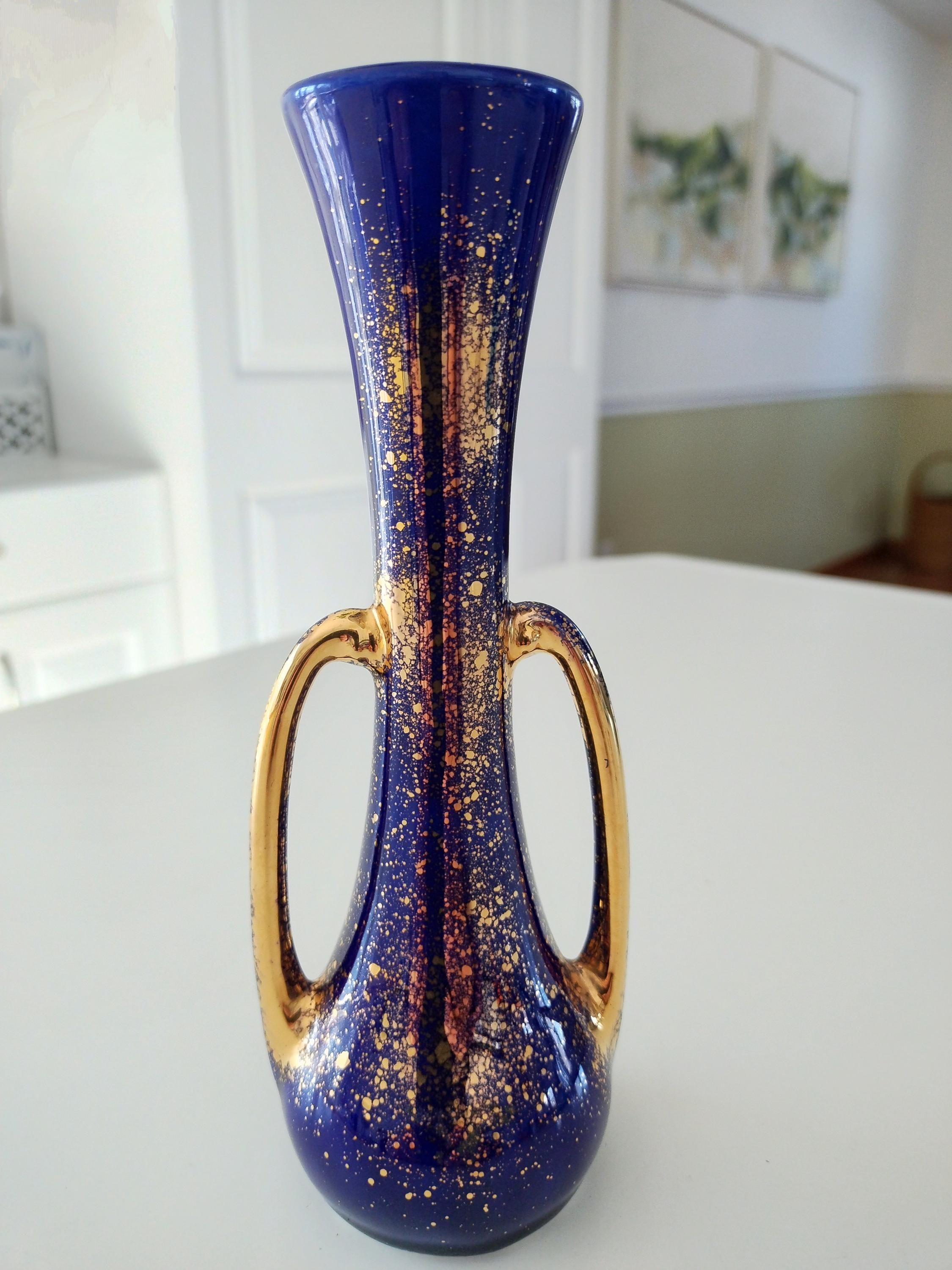 MCM Cobalt Blue & Gold Vase With Handles - Etsy MCM Cobalt and Gold Chimney Donut Vase Set main image 0