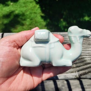Vintage Ceramic Camel Figurine, Nativity Camel, Vintage Camel, Blue Green Camel, Small Sitting Camel With Saddle Figurine