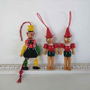 Vintage Wooden Italian Ornaments Set of 3,  Pinocchio Style Jointed Ornaments, Wooden Pull String Jumping Jack Toy, Jumping Woman Puppet