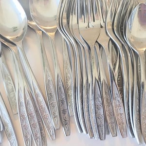 Vintage Customcraft CUS1 Rose Flatware Assorted Forks, Spoons, Ladle, Iced Tea Spoons, Serving Pieces, Midcentury Flatware, Flower Design