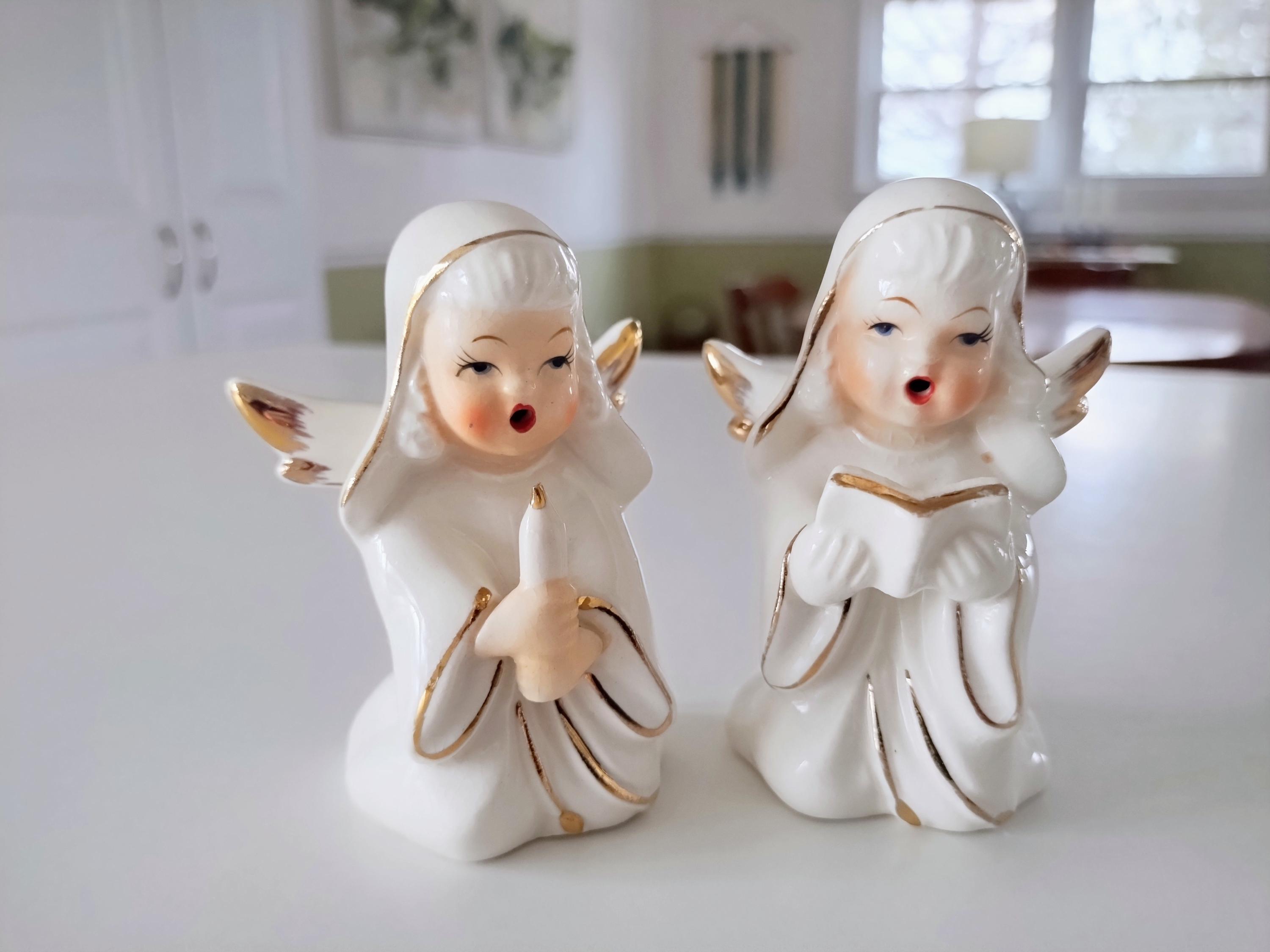 Two Vintage Gold Tone Metal Angel Engraved Christmas