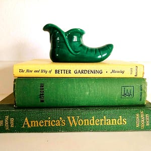 May include: A stack of three vintage books with a green ceramic boot on top. The books are titled "America's Wonderlands", "Missouri", and "The How and Why of Better Gardening". The boot is a vibrant green color.