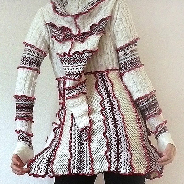 Upcycled Fairy Elf Pixie Style Cream Red Stripes Black Pattern Hoodie Pullover Dress Top Sweater With Thumbholes Long Hood (Small-Medium)