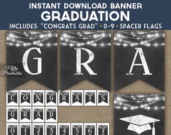 Chalkboard Graduation Banner - Printable Grad Party Decorations - Black White String Lights - Mens Graduation Decor - Rustic Congrats CHK
