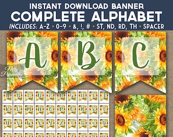 Sunflowers Party Banner - Floral Bunting - Printable Banner Complete Alphabet A-Z - Birthday Retirement Anniversary Bridal Baby Shower SFL