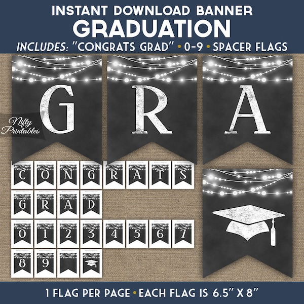 Chalkboard Graduation Banner - Printable Grad Party Decorations - Black White String Lights - Mens Graduation Decor - Rustic Congrats CHK