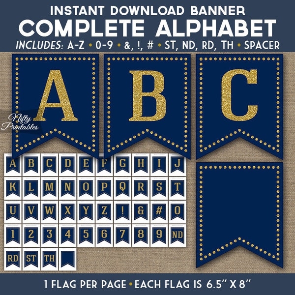 Navy Blue Gold Party Banner - Printable Bunting - Complete Alphabet A-Z - Birthday Retirement Anniversary Shower - Blue Banner