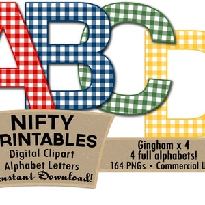 Gingham Alphabet Letters Mega Set - 164 Letters - Red, Green, Blue, Yellow - Picnic & BBQ Country Western Alpha Letters - Commercial Use