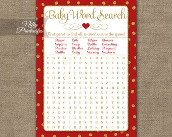 Red Word Search Game - Printable Red Gold Baby Shower Games - Red Baby Shower Game - Holiday Baby Shower GDR