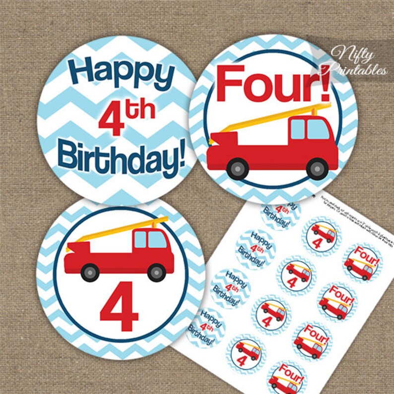 Fire Truck 4th Birthday Cupcake Toppers Printable Fire Etsy