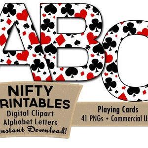 Casino Alphabet Letters Set - Playing Cards Red, Black and White - Poker Letters Clip Art - Poker Digital Alphabet Commercial Use CAS