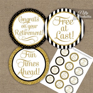 Retirement Cupcake Toppers - Black & Gold Glitter - Printable Retirement Toppers - Elegant Black Gold Retirement Party Decorations - BGL