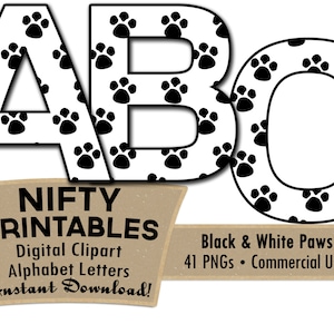 Paw Prints Alphabet Letters Set - Alfabeto animal blanco y negro - gato gato perro patas Clip Art - alfabeto animal - mascotas Clip Art - uso comercial