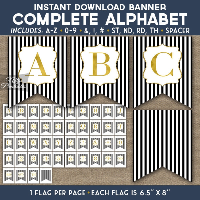 black gold party banner printable complete alphabet a z etsy