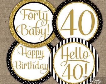 Black Gold 40th Birthday Cupcake Toppers - 40th Bday Party Circles Decorations - Printable - 40 Years Old Elegant Topper Decor BGL