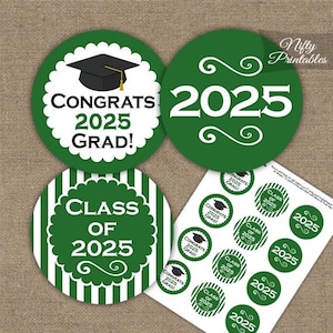 Green Graduation Cupcake Toppers - Printable 2025 Graduation Decorations - Green White Class of 2025 Graduation Party Printable