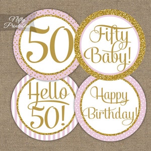 50.o cumpleaños Cupcake Toppers - 50.o cumpleaños fiesta decoraciones imprimibles - brillo de oro rosa - elegantes etiquetas de favor de 50 cumpleaños cincuenta PGL