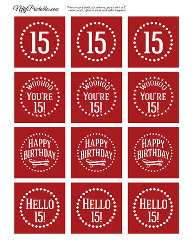 Red 15th Birthday Cupcake Toppers Red White 15th Birthday Etsy
