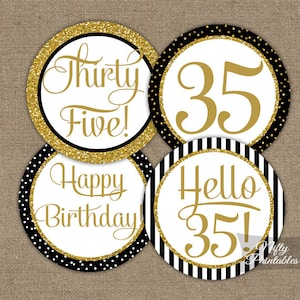 35th Birthday Cupcake Toppers - Black & Gold - 35 Years Bday Party Printable - Elegant DIY 35 Birthday Favor Tags - Instant Download - BGL