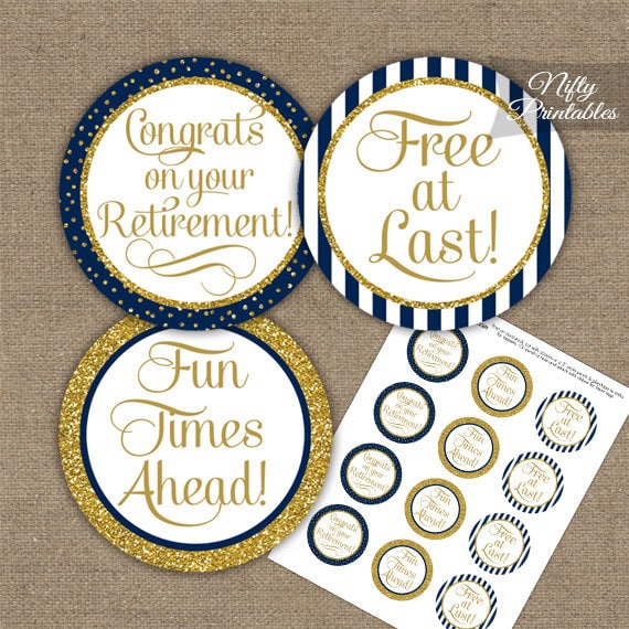 Retirement Cupcake Toppers Navy Gold Glitter Printable Etsy