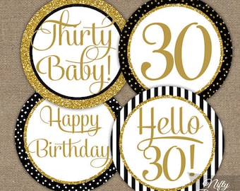 30th Birthday Cupcake Toppers - Black Gold 30th Birthday Party Decorations - Printable Instant Download - 30 Years Old Elegant Decor BGL