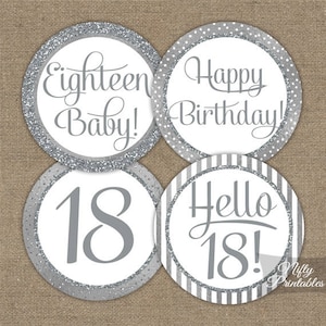 18th Birthday Cupcake Toppers - Silver 18th Birthday Toppers - 18 Year Old Birthday Party Decorations - 18th Birthday Favor Tags SLV