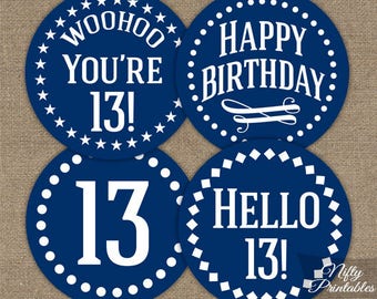 Navy Blue 13th Birthday Cupcake Toppers - Blue White 13th Birthday Toppers - 13 Years Old Party Decorations - 13th Birthday Decor IMPN