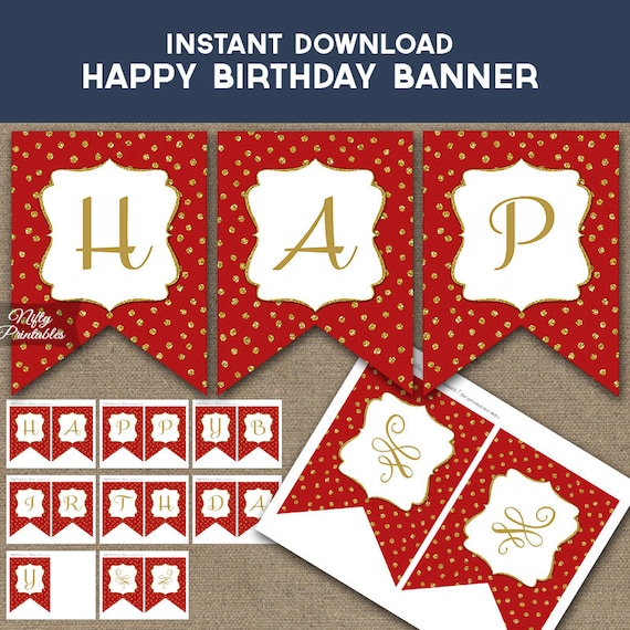 Birthday Banner Printable Red Happy Birthday Banner Gold Etsy