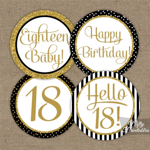 18th Birthday Cupcake Toppers - Black & Gold Glitter - 18th Birthday Party Printable - Elegant DIY Eighteen Birthday Decorations - BGL