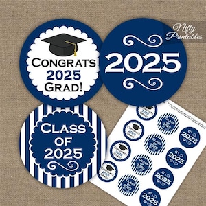 Blue Graduation Cupcake Toppers - Printable 2025 Graduation Decorations - Navy Blue Class of 2025 Graduation Party Printable