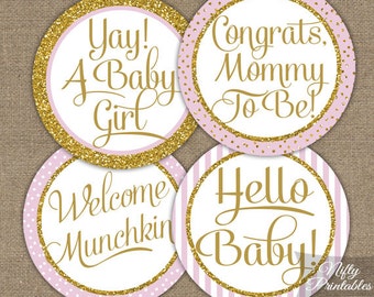 Girl Baby Shower Cupcake Toppers - Pink & Gold Glitter Instant Printable Party Circles - Pink Baby Shower Toppers or Favor Tags - PGL