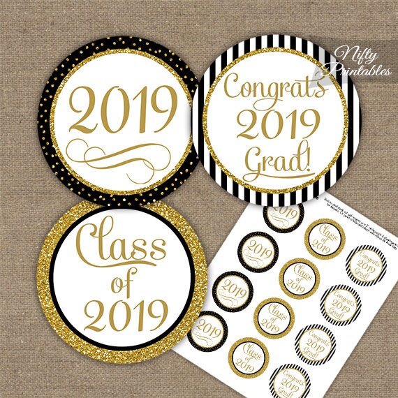 Graduation Cupcake Toppers Black Gold Glitter Printable Etsy