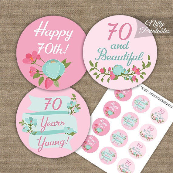 Ladies 70th Birthday Cupcake Toppers Pink Mint Floral 70 Etsy