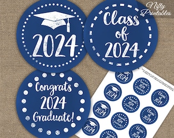Graduation Cupcake Toppers - Printable 2024 Graduation Decorations - Blue Class of 2024 Grad Party Printable - Navy Blue Chalkboard