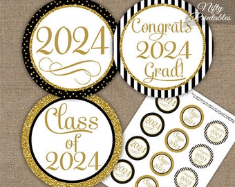 Graduation Cupcake Toppers - Black & Gold Glitter Printable 2024 Graduation Party - Elegant Graduation Decorations - Instant Download BGL