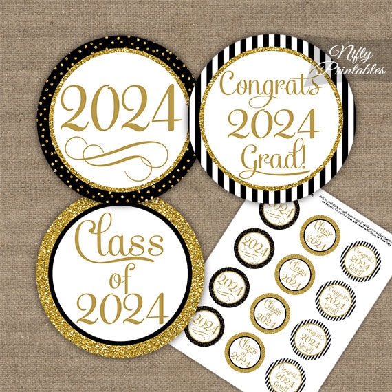 Graduation Cupcake Toppers Black & Gold Glitter Printable 2024 Graduation  Party Elegant Graduation Decorations Instant Download BGL 