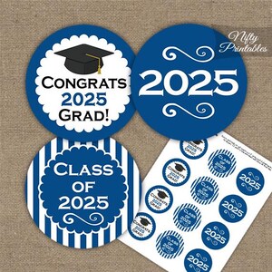 Blue Graduation Cupcake Toppers - Printable 2025 Graduation Decorations - Royal Blue Class of 2025 Graduation Party Printable