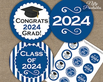 Blue Graduation Cupcake Toppers - Printable 2024 Graduation Decorations - Royal Blue Class of 2024 Graduation Party Printable