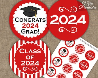 Red Graduation Cupcake Toppers - Printable 2024 Graduation Decorations - Red White Class of 2024 Graduation Party Printable