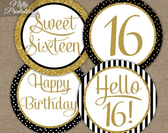 Sweet 16 Birthday Cupcake Toppers - Sweet Sixteen Birthday Party Decorations - Black & Gold Glitter Printable - 16th Bday Favor Tags BGL