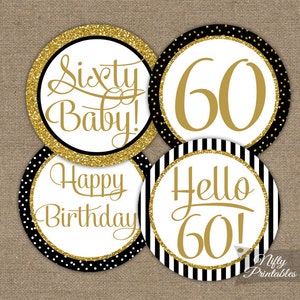 60. Geburtstag Cupcake Toppers - Schwarz Gold Glitzer Geburtstag Party Dekorationen - Printable Instant Download - 60 Jahre Alt Elegant Decor BGL