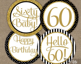 60th Birthday Cupcake Toppers - Black Gold Glitter Birthday Party Decorations - Printable Instant Download - 60 Years Old Elegant Decor BGL