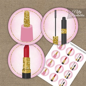 Makeup Cupcake Toppers - Printable Cosmetics Party Decorations - Pink Beauty Fashion Lipstick Décor Spa Party Circles COSM