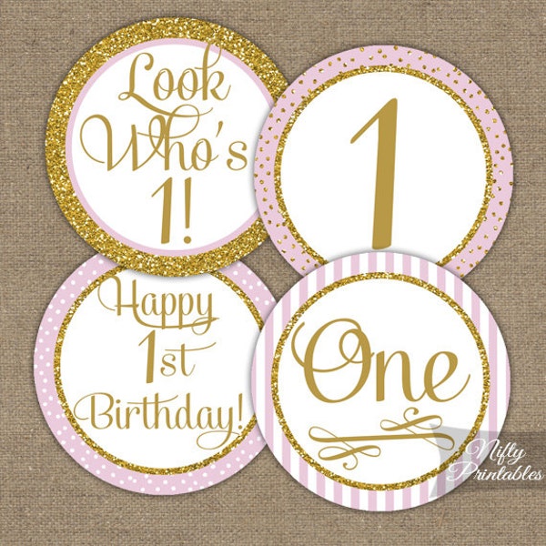 1st Birthday Cupcake Toppers - First Birthday Toppers Pink Gold Glitter Printable - DIY Girls 1st Bday Favor Tags - One Year Old - PGL