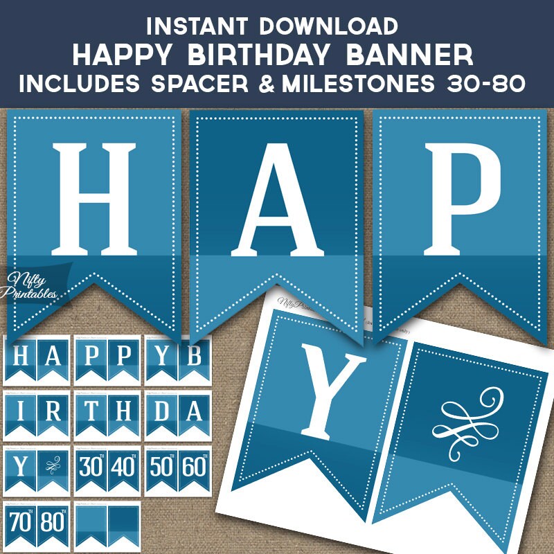 happy birthday banner printable blue birthday banner etsy