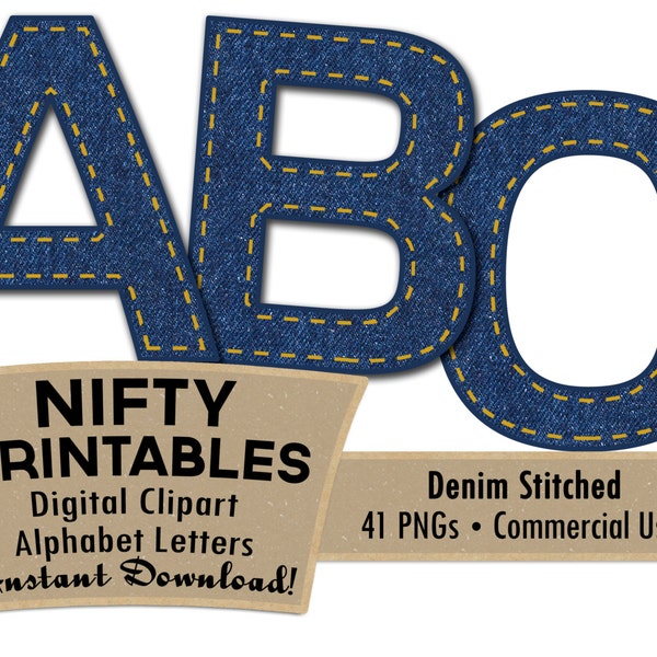 Denim Alphabet Letters Set - Navy Blue Denim Jeans Alpha - Gold Stitching Country Western Clip Art - Commercial Use DNM